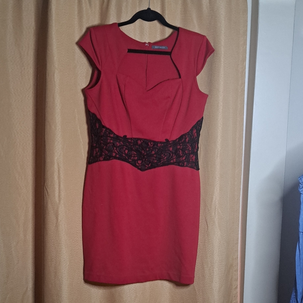 Suzy Shier Red Dress with Black Lace Detail